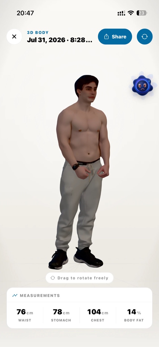 The 3D body screen, with waist, stomach, chest and body-fat measurements
