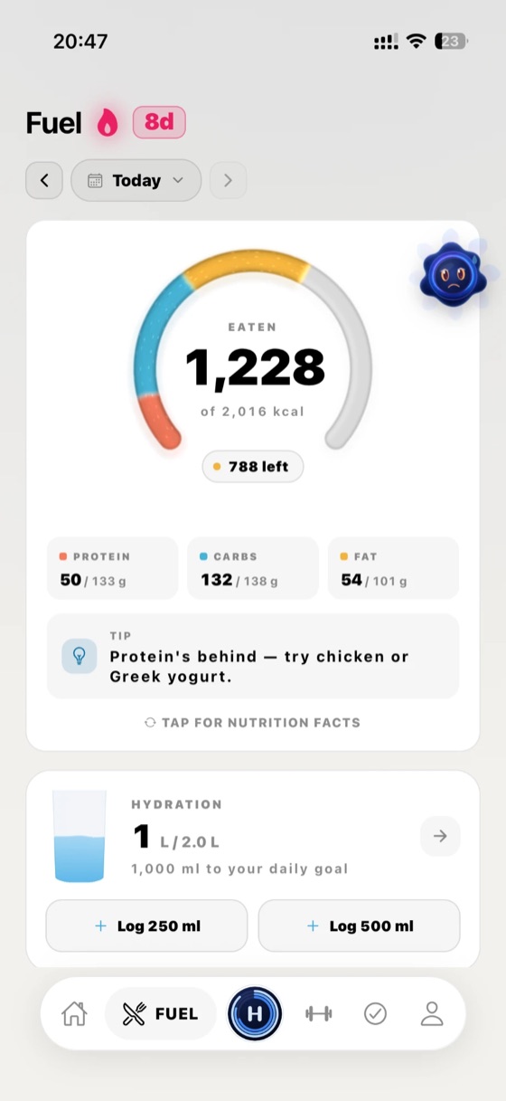 The Fuel screen: calories eaten against the day's target, with protein, carbs and fat underneath