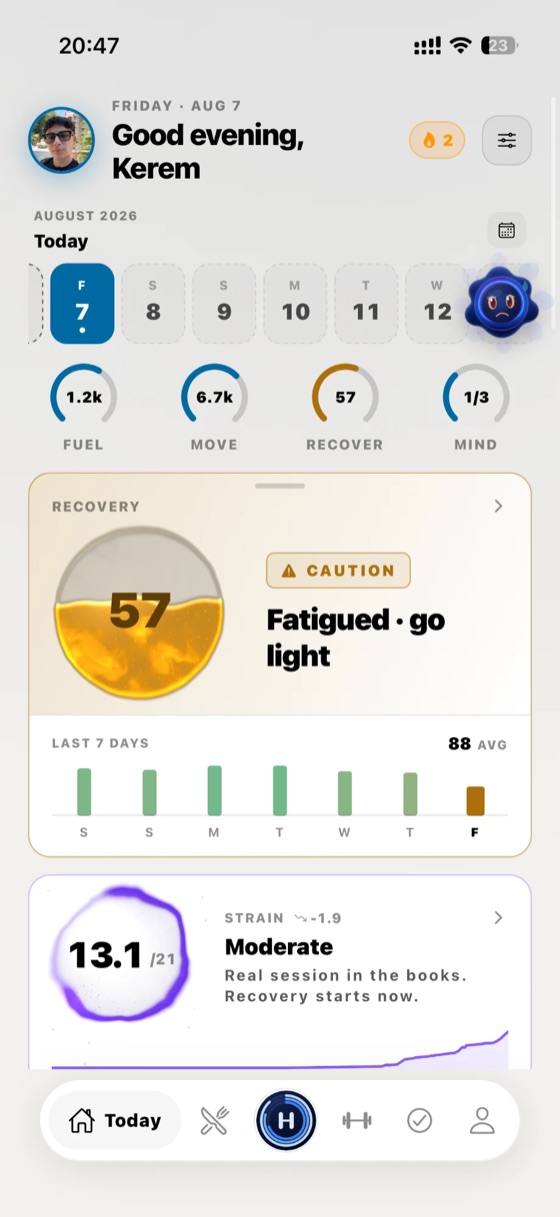 The Today screen: fuel, movement, recovery and mind for the day, with a recovery score of 57
